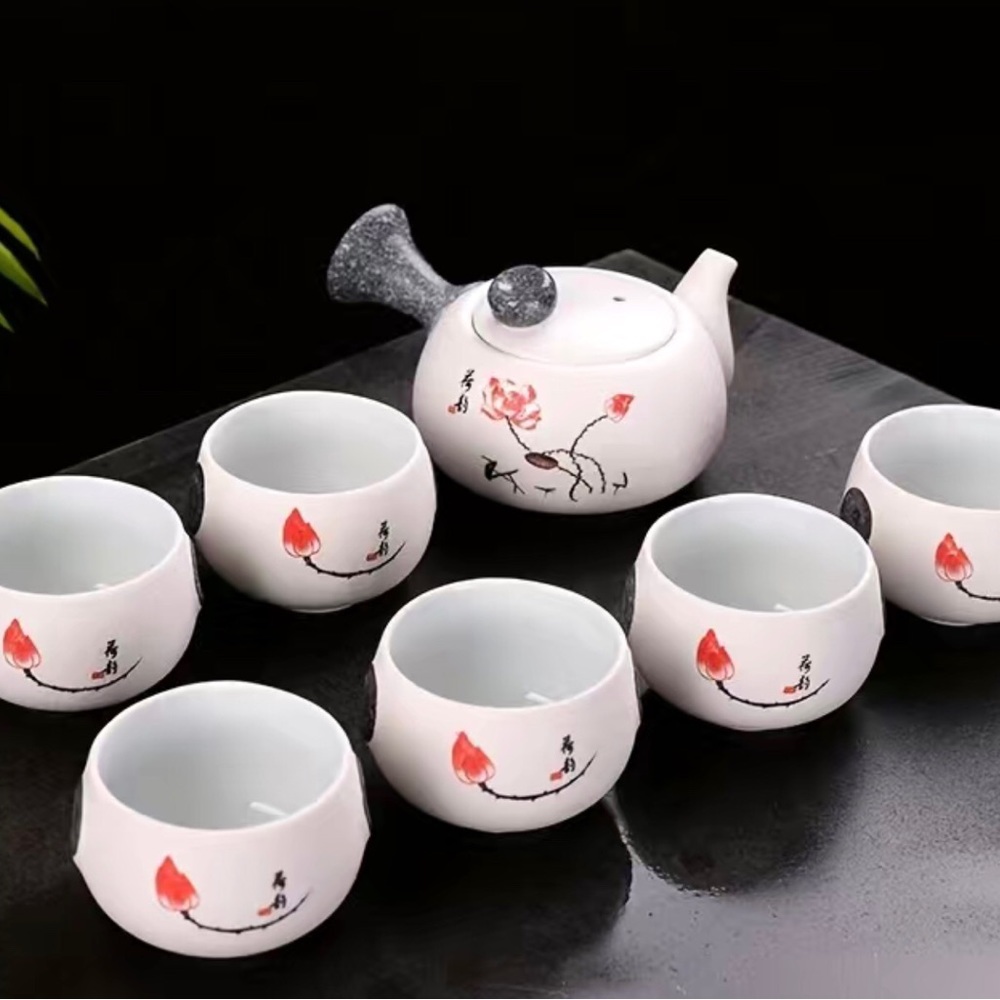 Snowflake Glaze Porcelain Lotus Flower Leaves Chinese Gongfu Kung Fu Tea Pot Set